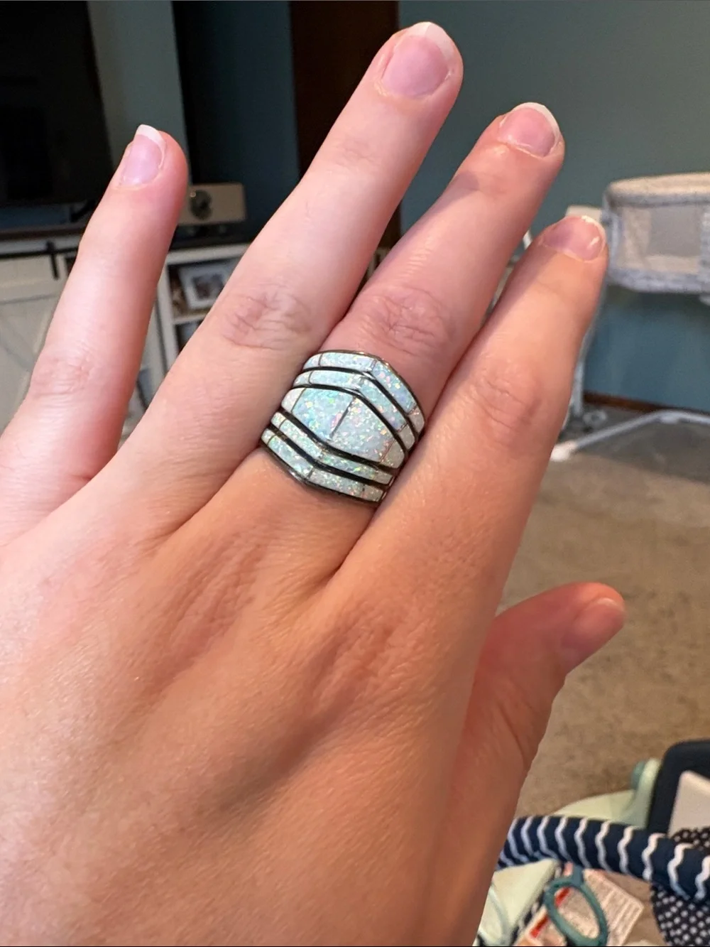 Sterling silver and White Opal Shield Ring size 9